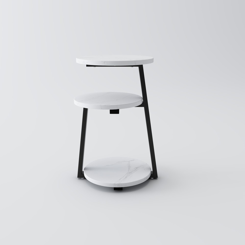 Small Round Side Table with 3-Tier Storage - White Black End Table, Sturdy Met