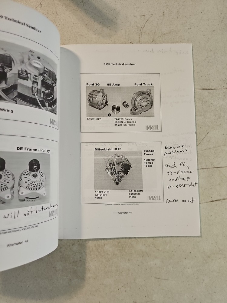 1999 Wetherill Associates Inc Technical Seminar Notebook. Alternators Starters