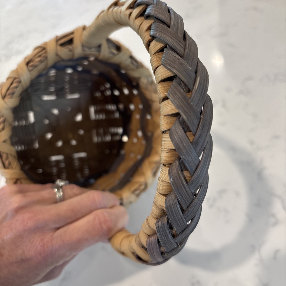 Vintage Split Oak Basket 2 Tone Braided Handle Twisted Woven Pattern Signed Date