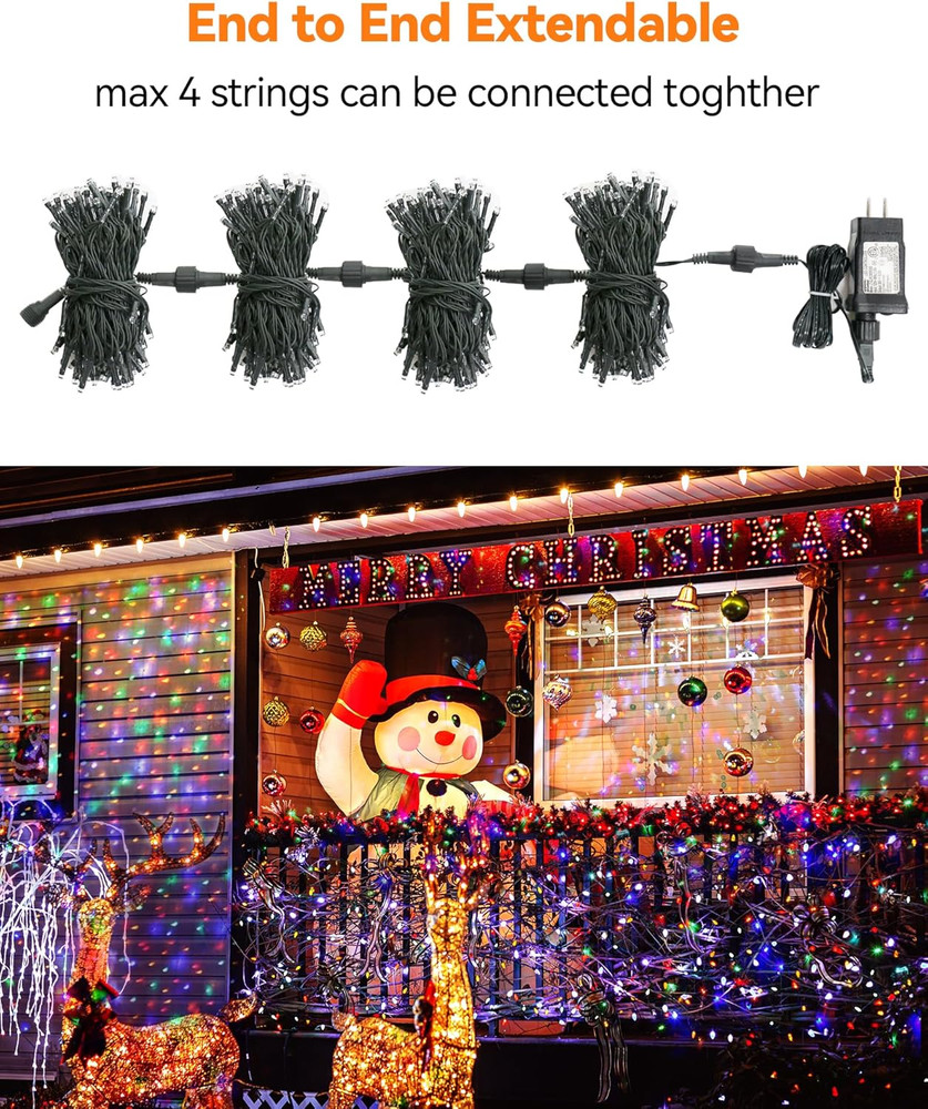 Multicolor Christmas String Lights 100 LED, 8 Modes, Timer, Extendable, Indoor/O