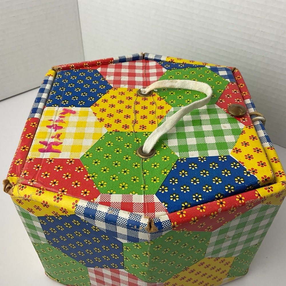 Patchwork Print Sewing Box with Tray Vintage 70s Hexagon Shape Storage