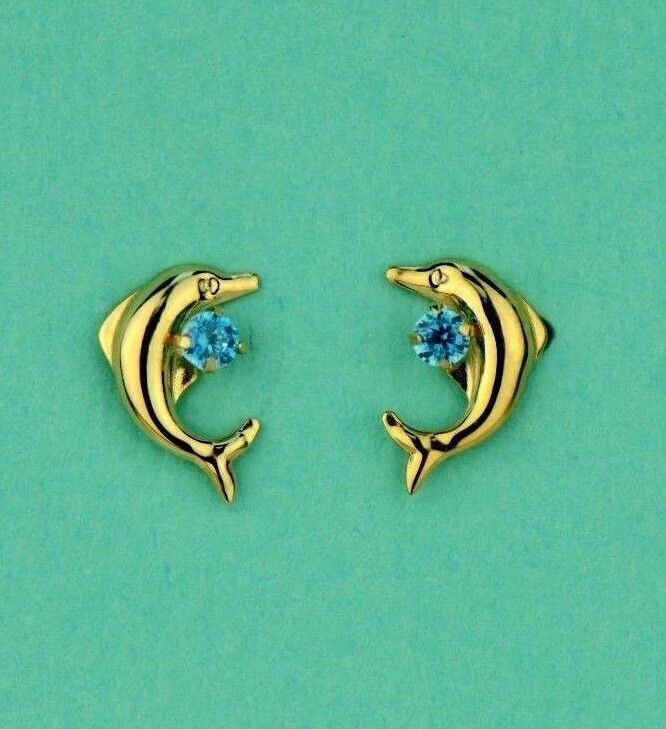 14k yellow gold dolphin earrings stud cz