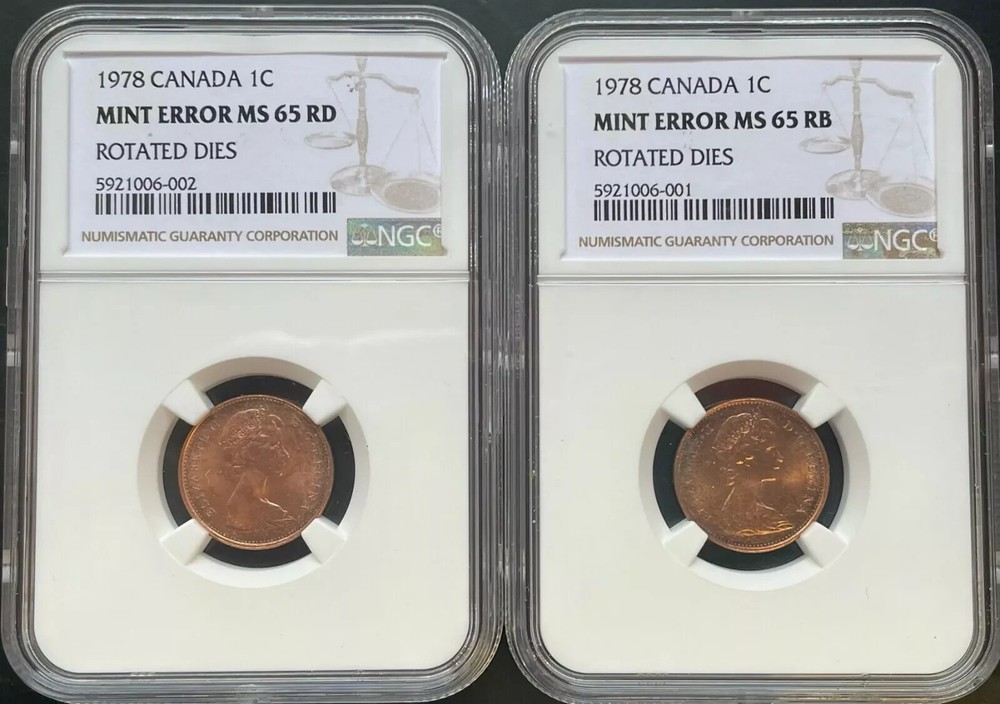 Error - 1978 Canada 1 Cent pair matching rotated die NGC MS65 RD