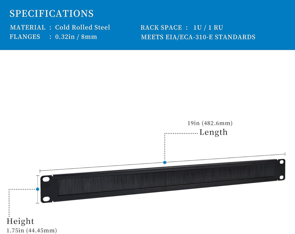 1U Brush Rack Mount Panel Spacer for 19" Server Rack - 6 Pack, Black