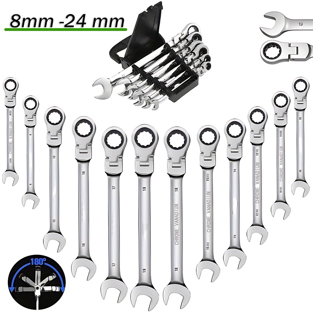 Flexible Head Ratchet Spanner 8mm-24mm Combination Head Wrench Open/Ring Metric