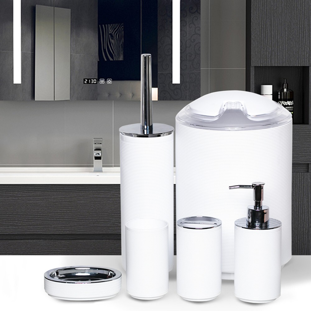 Bathroom Accessories Set 6Piece Bath Ensemble Decorative Countertop White Thread