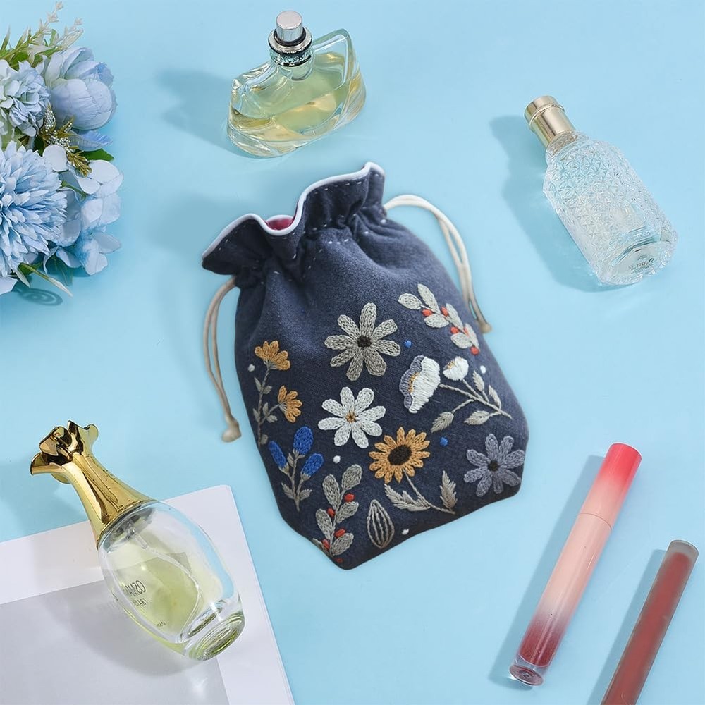 WEBEEDY DIY Embroidery Drawstring Bag Kit with Flower multicolor