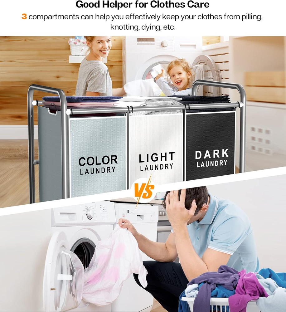 Laundry Sorter Hamper 3 Section, Divided Laundry Basket Organizer with Heavy Dut