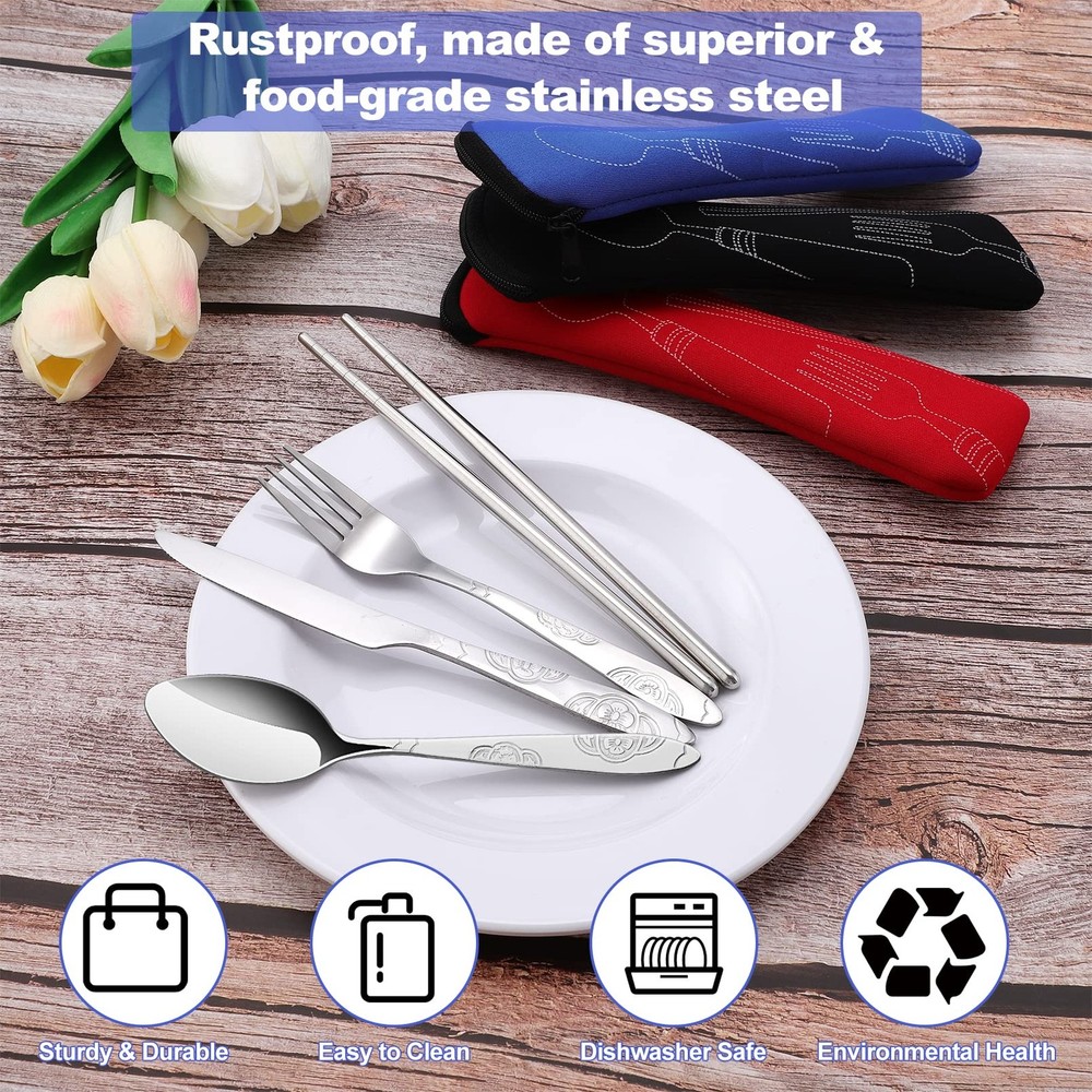 6 Pack Reusable Flatware Sets Spoon Fork Knife Chopsticks 24Pcs Silverware
