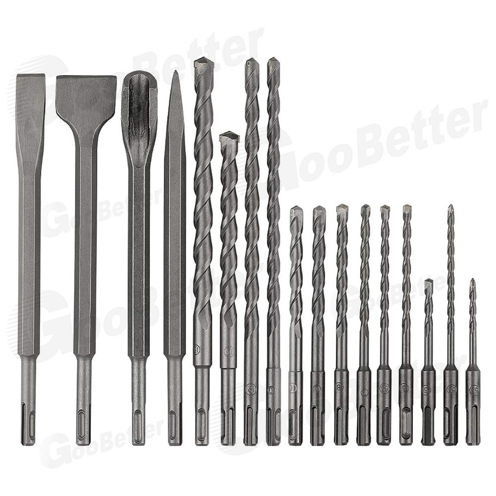 17pcs SDS Plus Rotary Hammer Bits Drill Bit & Chisel Set Groove Concrete w/ Box