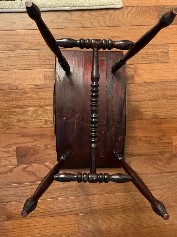 Antique Victorian Solid Wood Bench Stool with Spindle Center Support & Tapestry