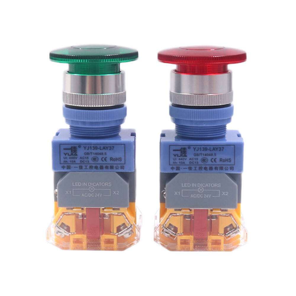 22mm Mushroom Head Switch Momentary Push Button Switch LED Illuminated Green Red