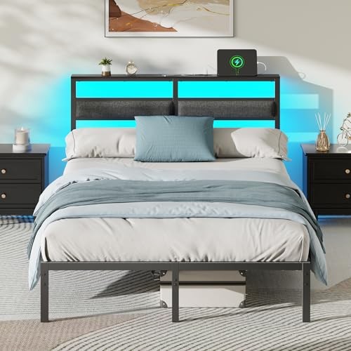 Full Size Bed Frame with Headboard, Bed Frame Full Size with LED Light and