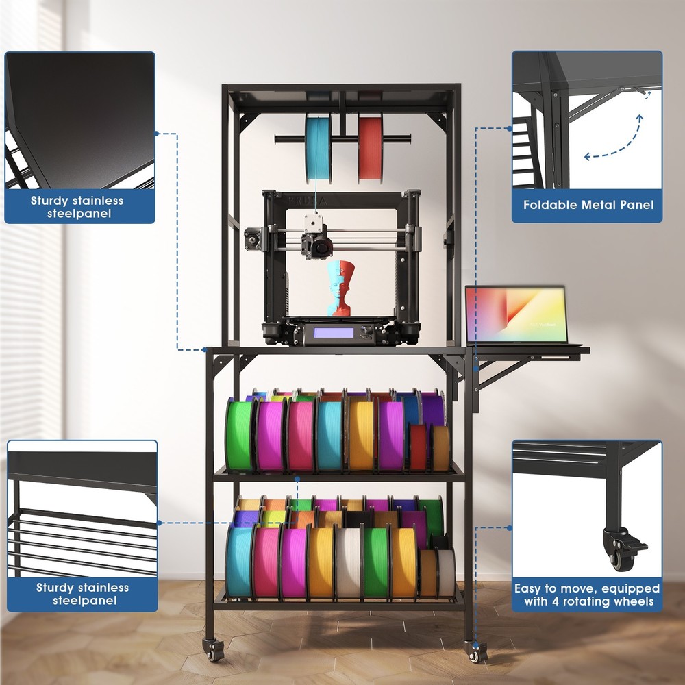 3D Printer Stand with Filament Storage Rack,T-Shaped Spools Holder Rack w/Wheels