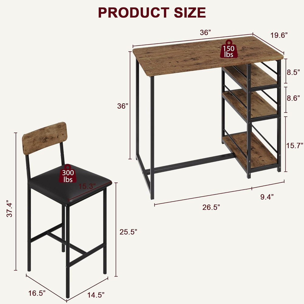 Elegant Retro 3-Piece Dining Set for 2 with Upholstered Bar Stools