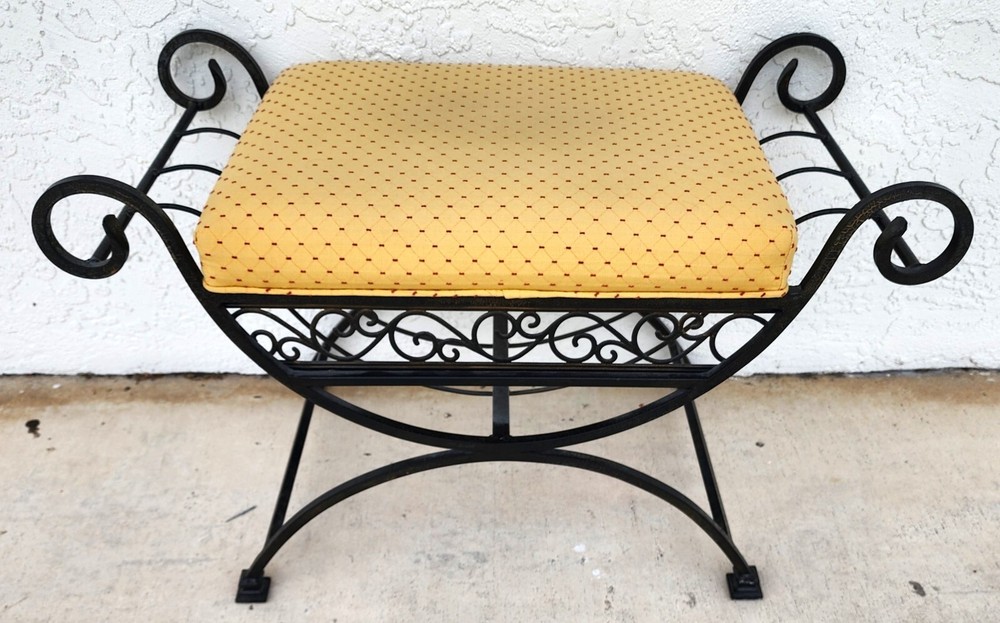 Vintage Italian Scrolled Wrought Iron Vanity Bench
