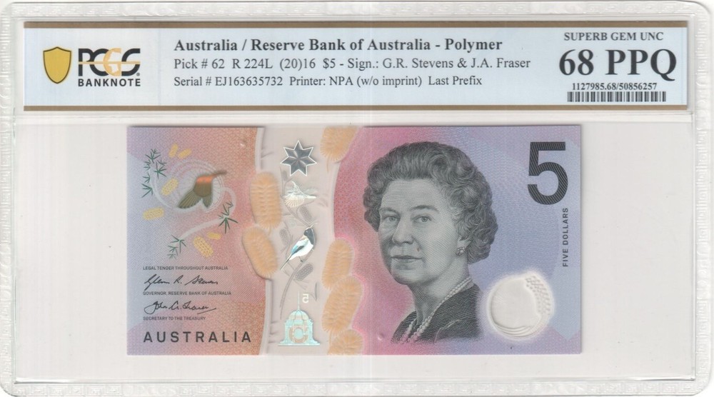 Australia 2016 Last Prefix EJ16 Stevens Fraser $5 Note PCGS 68 PPQ SUPERB GEM...