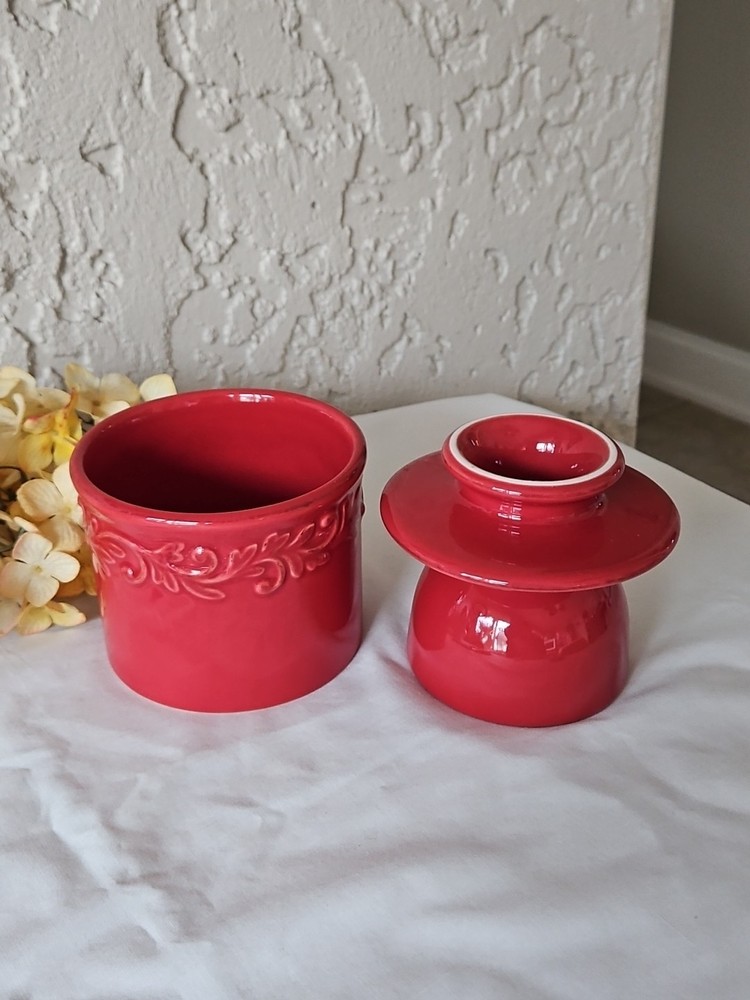 Tremain Original Butter Bell Crock Red Scroll Pattern