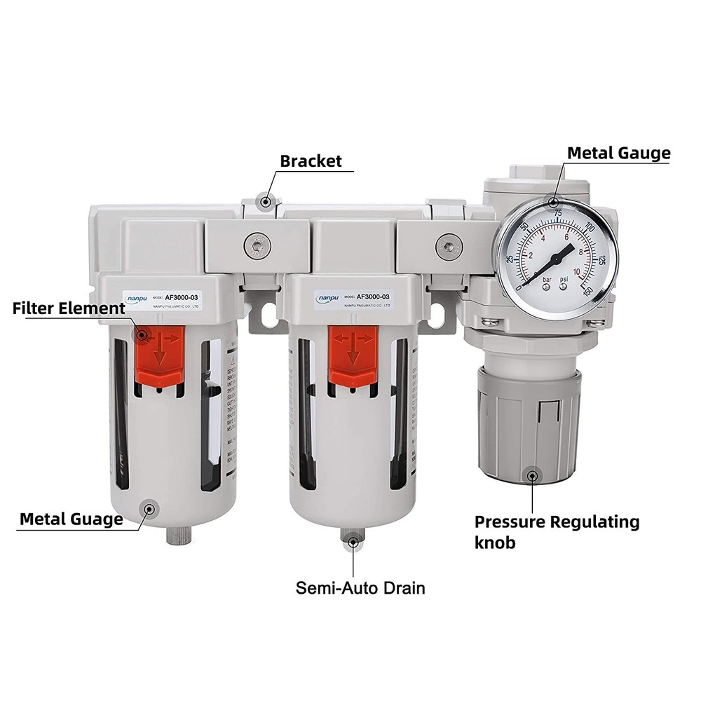 3/8" NPT Air Filter Regulator Combo Double Filter System Semi-Auto Drain