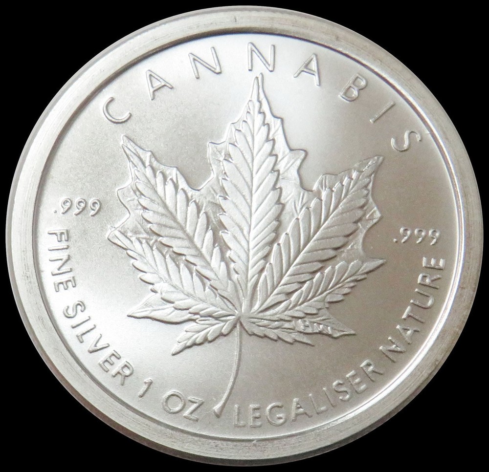 CANNABIS LEAF SILVER SHIELD 1 OZ 999 FINE SILVER ROUND