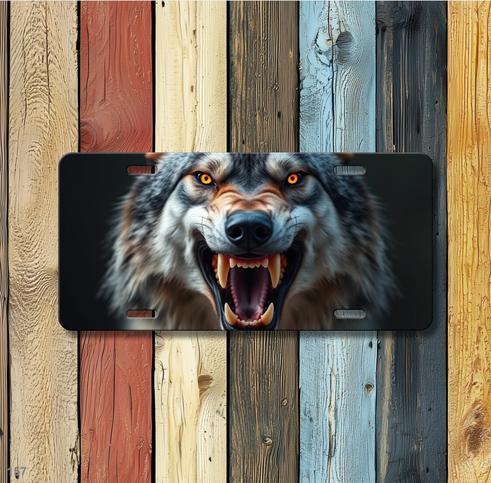 Bold Wolf License Plate with Sharp Teeth Custom Vanity Plate Holiday Gift