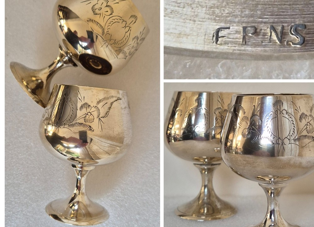 Pair of Silver Plate EPNS Floral Pattern 150ml Part Distressed Goblets