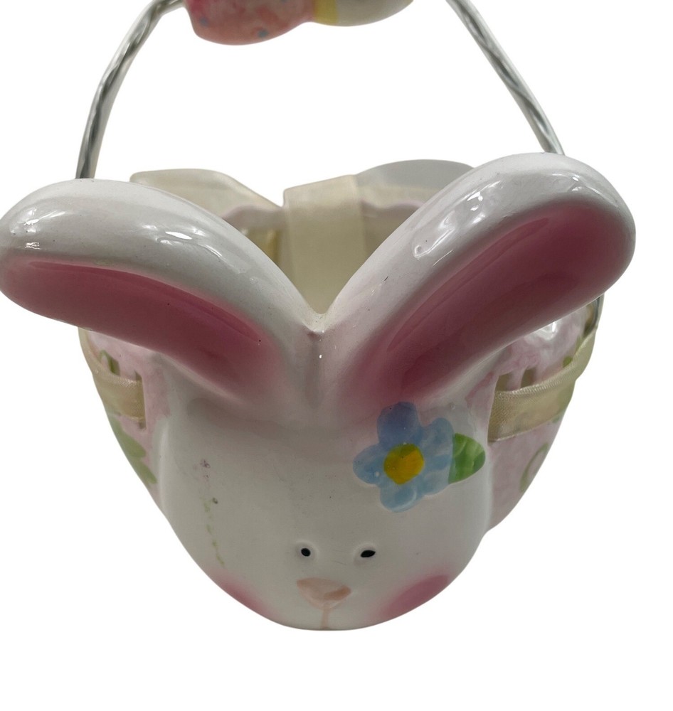 Ceramic Bunny Easter Basket With Painted Floral Design & Beaded Metal Handle