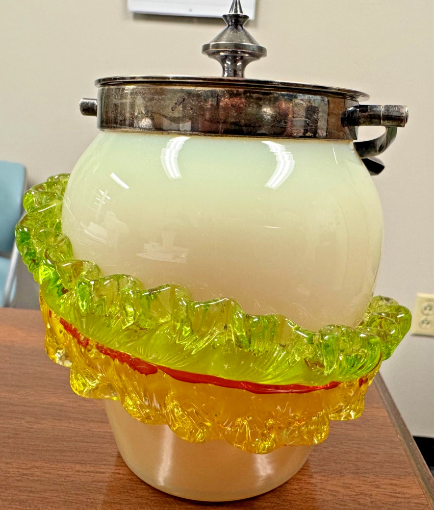 Opaline uranium biscut jar, stunning with applied leaf decoration.