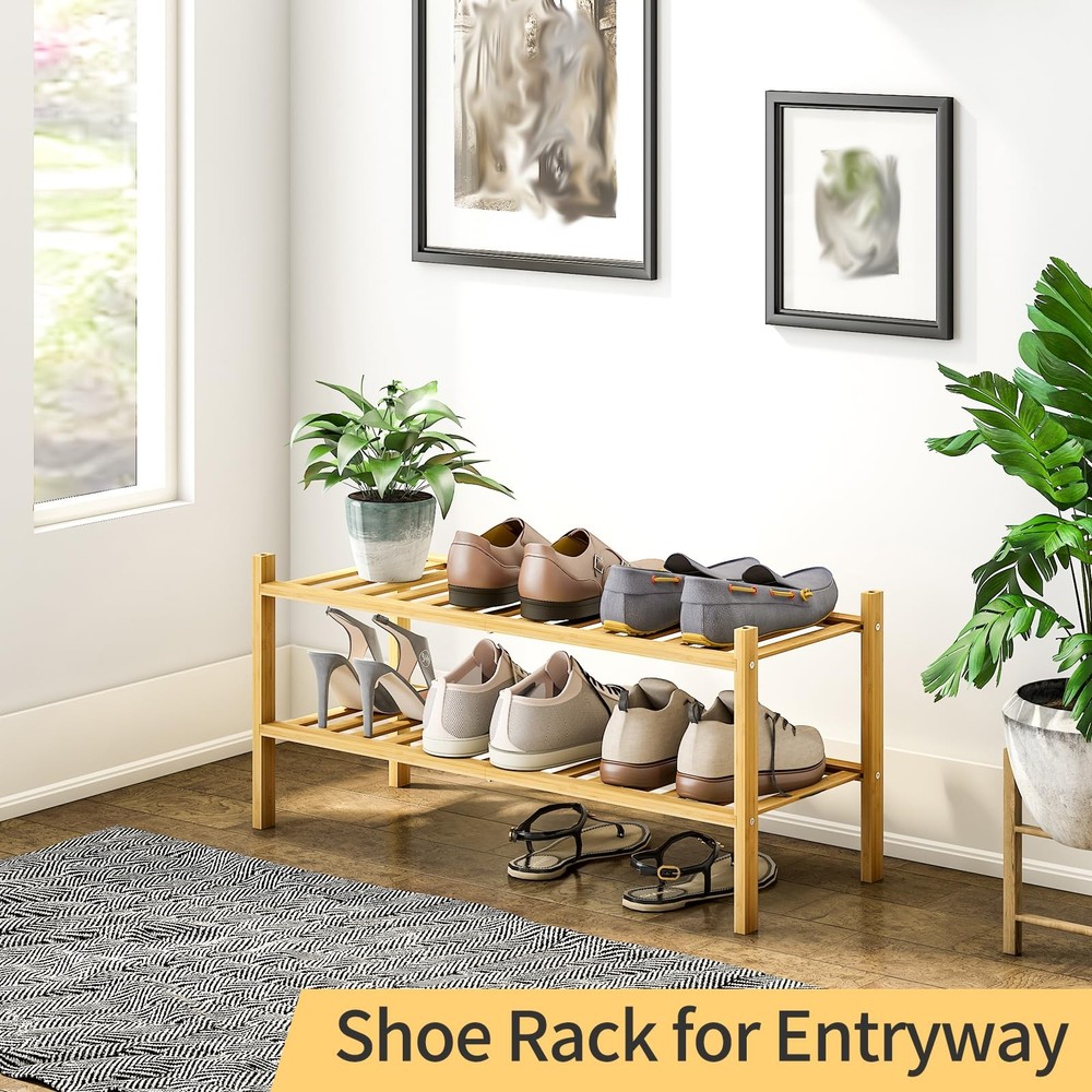 2-Tier Bamboo Shoe Rack for Entryway, Stackable | Heavy Duty | Multi-Function...