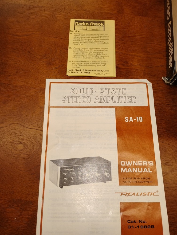 Realistic SA-10 Solid State Stereo Amplifier 31-1982A Mint