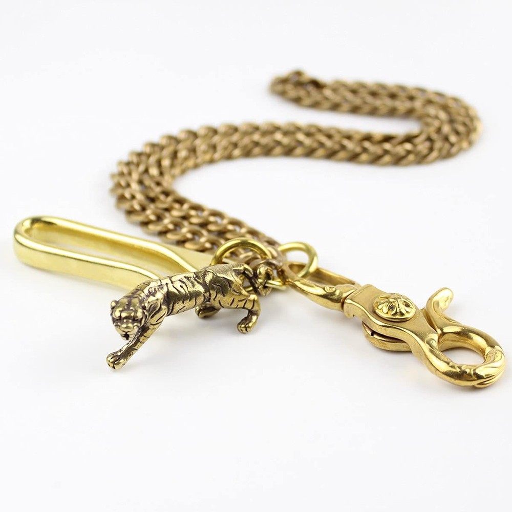 Retro Rustic Solid Brass Keychain Wallet Chain Hook For Men Women Tiger