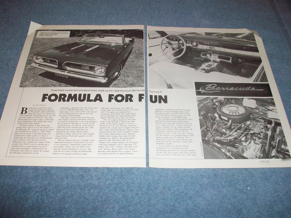 1968 Plymouth Barracuda Formula S Vintage Info Article "Formula for Fun" Cuda
