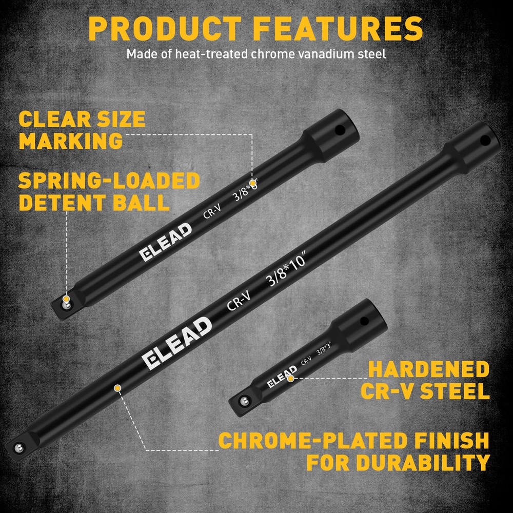 4 Piece 3/8 Drive Socket Extension Bar Set with Universal Joint