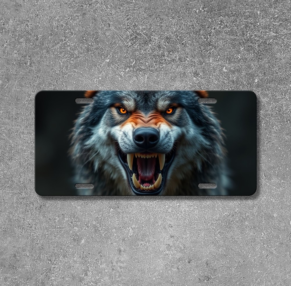 Realistic Wolf License Plate Snarling Design Add Text Front Bumper Plate Special