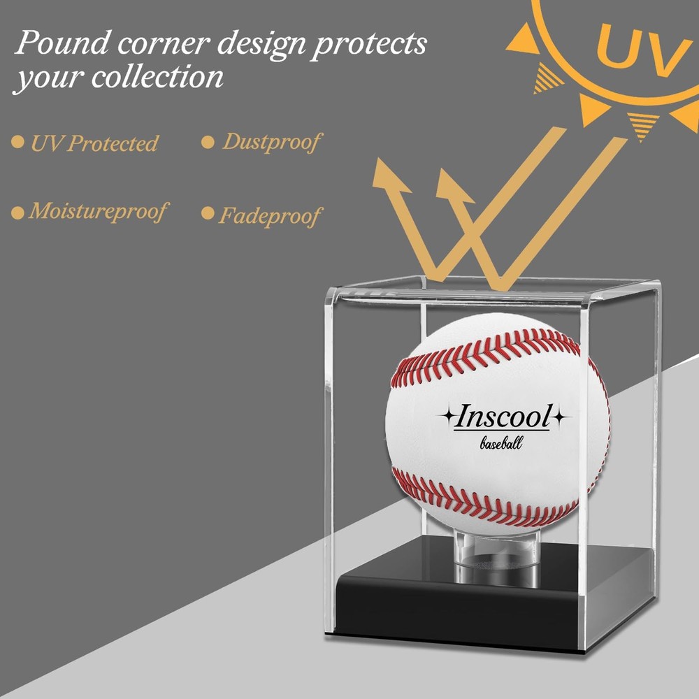Baseball Display Case UV Protected Acrylic Transparent Rounded Base Inscool