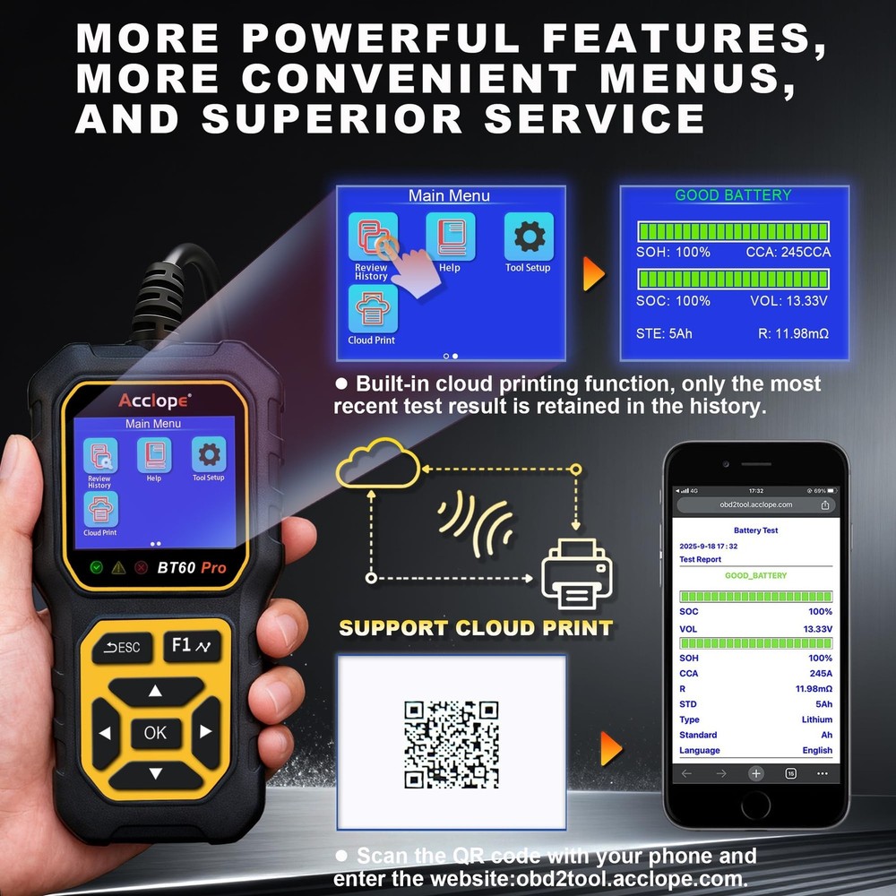 BT60 Pro Car Battery Tester, Digital Analyzer with Cloud Printing, ... Fast Ship