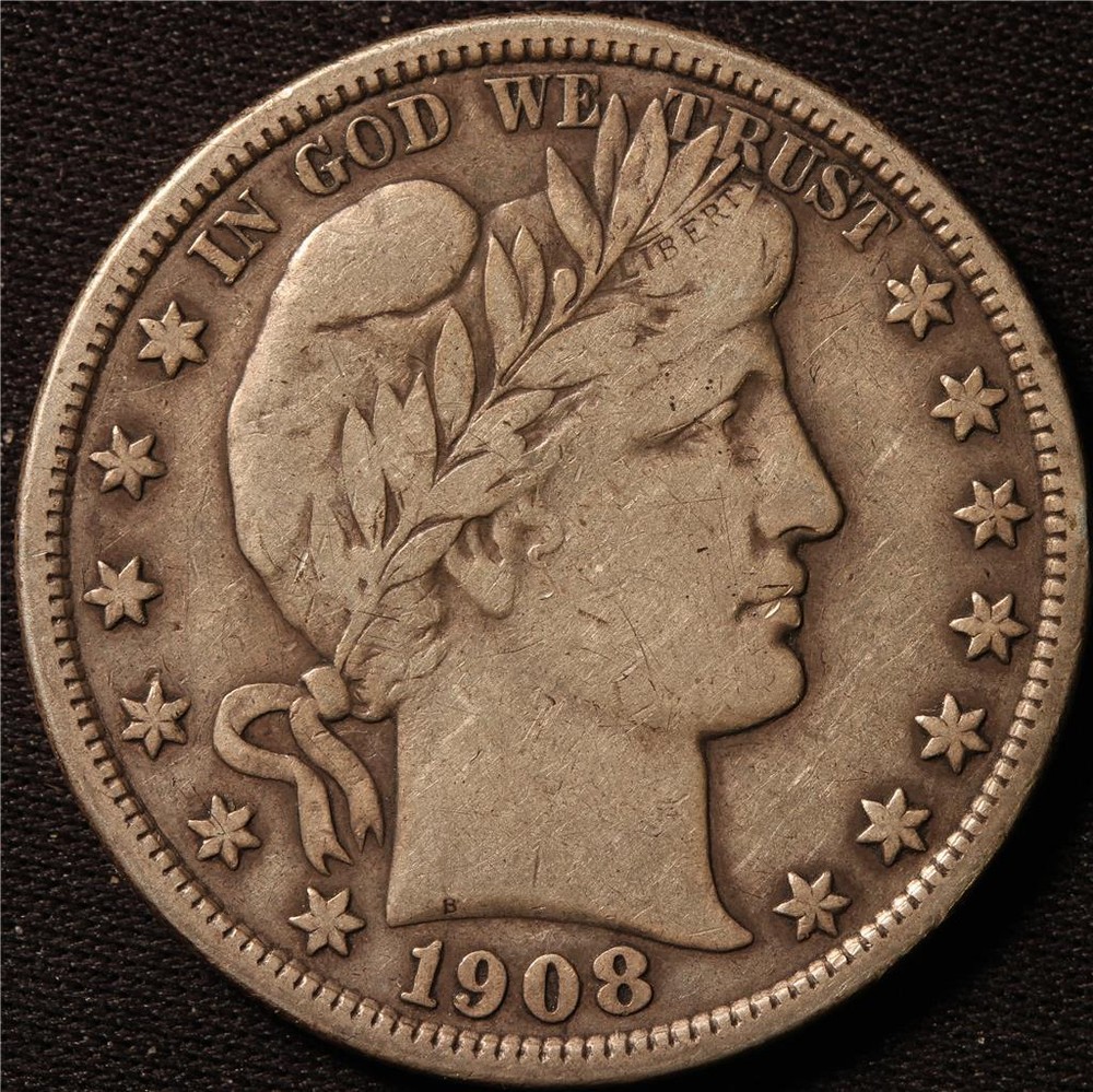 1908 D BARBER HALF DOLLAR, VERY FINE, TOUGH DATE!