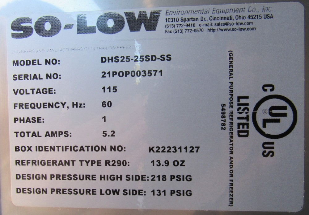 SO-LOW DHS25-25SD-SS LABORATORY AND PHARMACY FREEZER