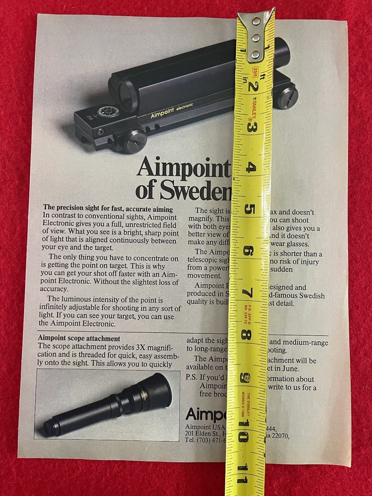 Vintage 1980 Aimpoint Precision Hunting Sight Print Ad