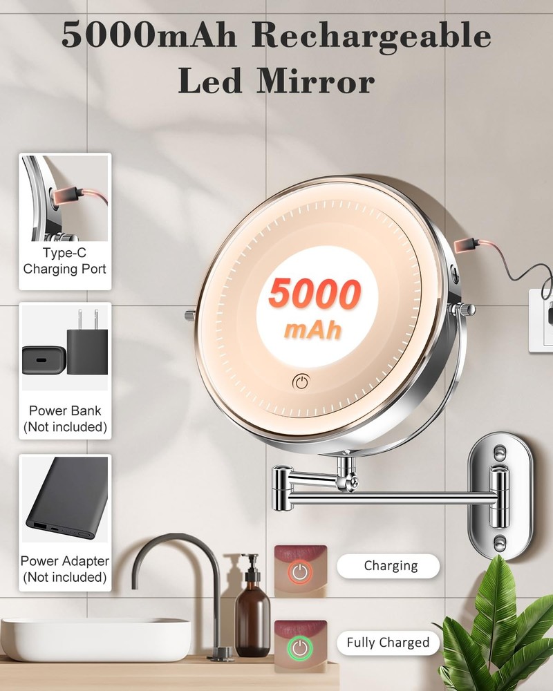 9'' 30X/1X Wall Mounted Lighted Makeup Mirror, Height Adjustable Double Sided...