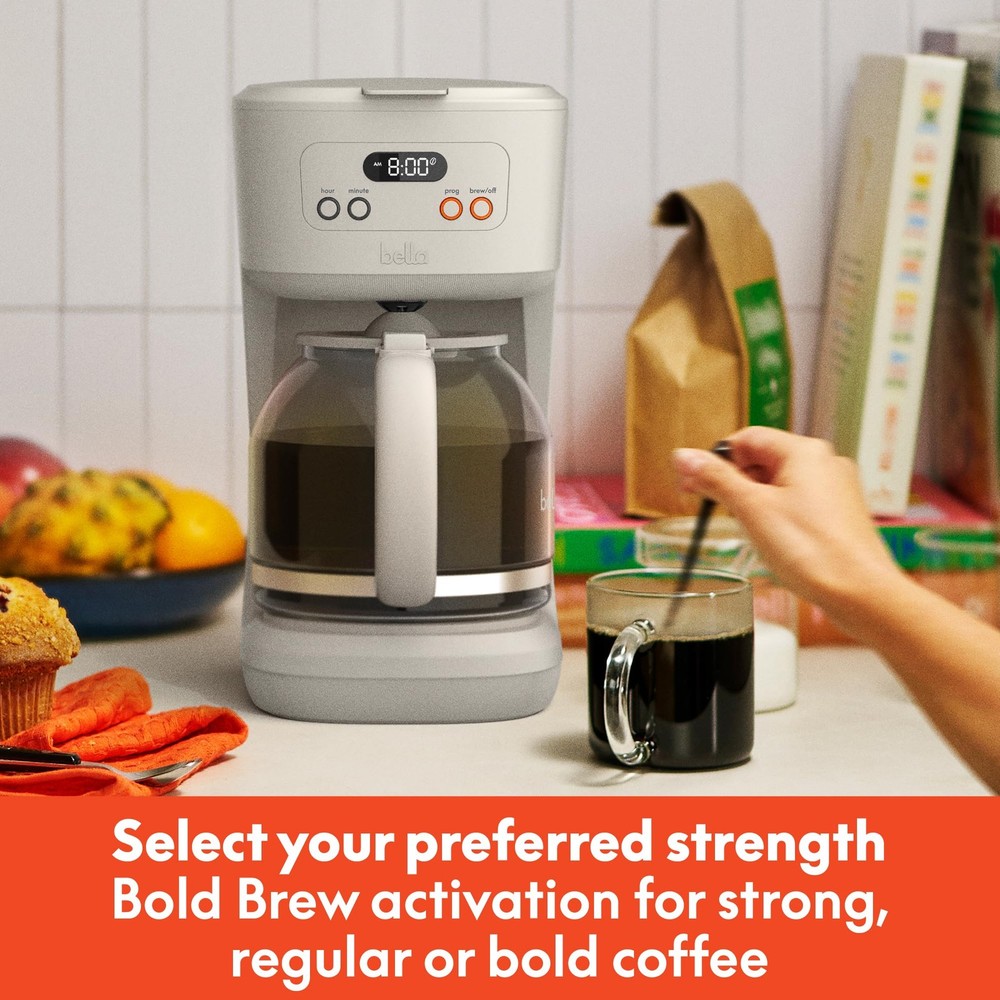 BELLA 12 Cup Programmable Coffee Marker, Reusable Dishwasher 12 cup, Oatmilk