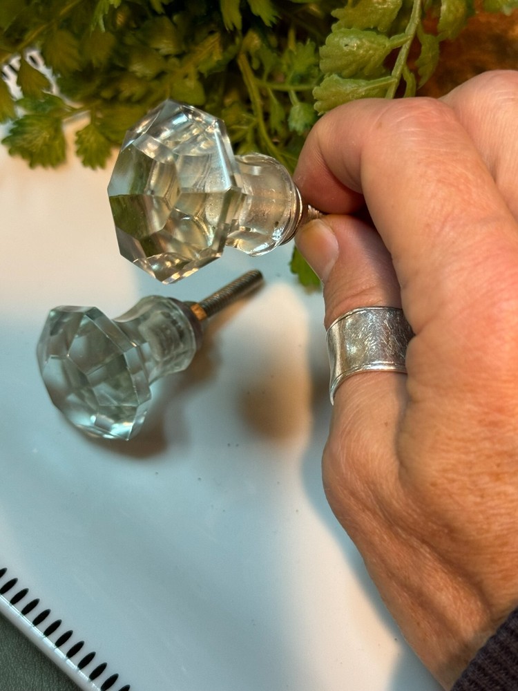 4; Glass Cabinet Knobs Clear Glass Drawer Pulls Depression Era Style w/Hardware