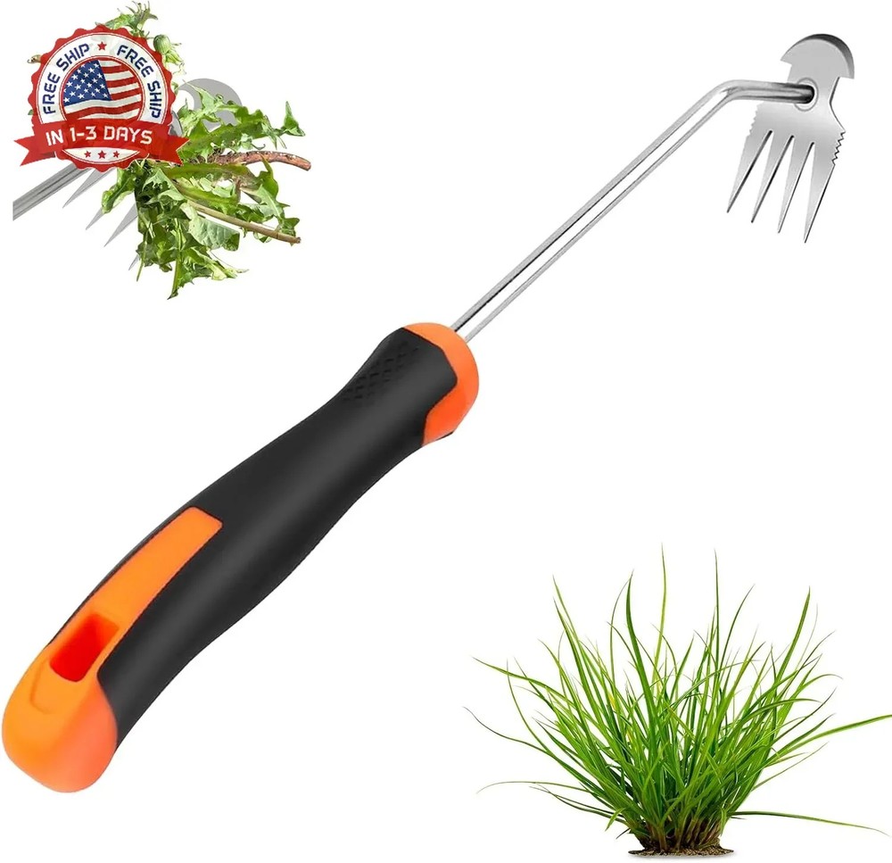 Weed Puller Tool, 2-in-1 Hand Weeder Tool with 4 Sharp Tines & Blade, Manganese