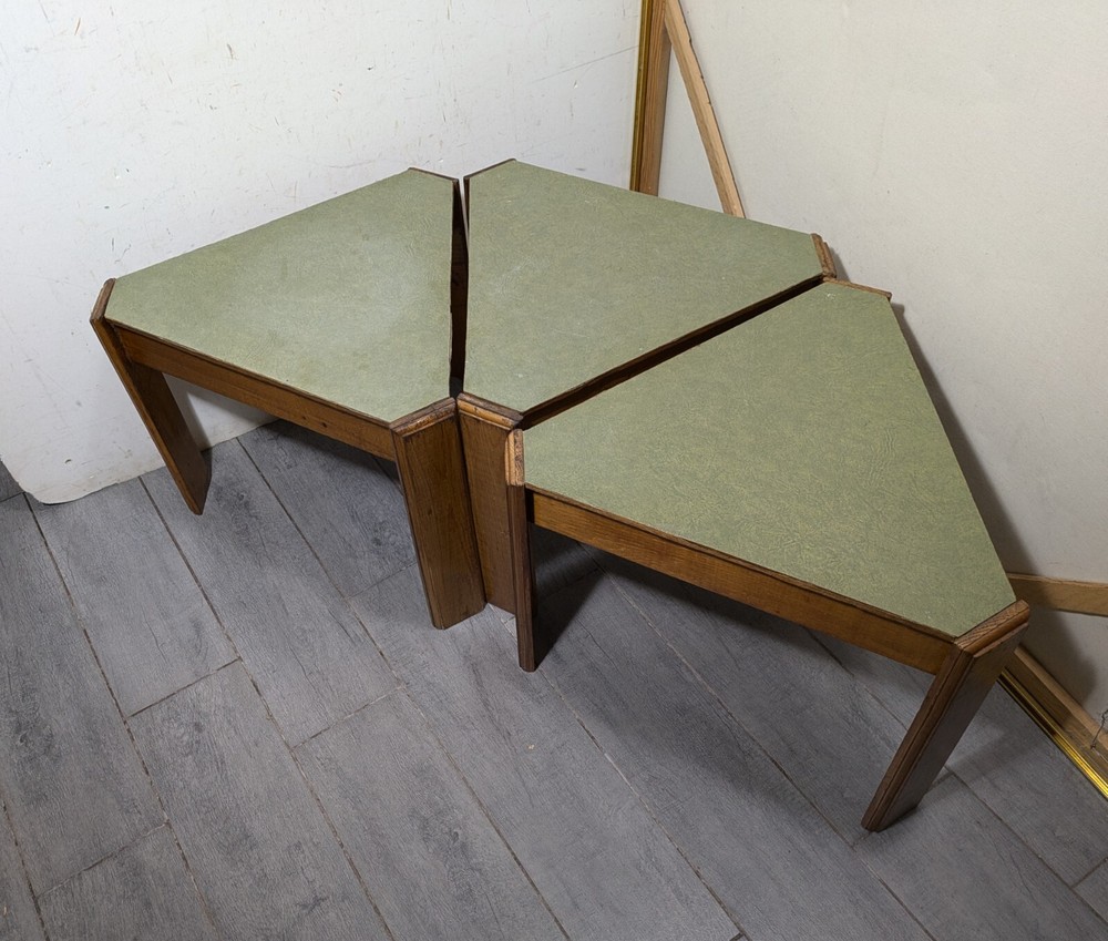 Vintage Set of 3 Mid Century Modern Triangular Wood Stacking Nesting Tables