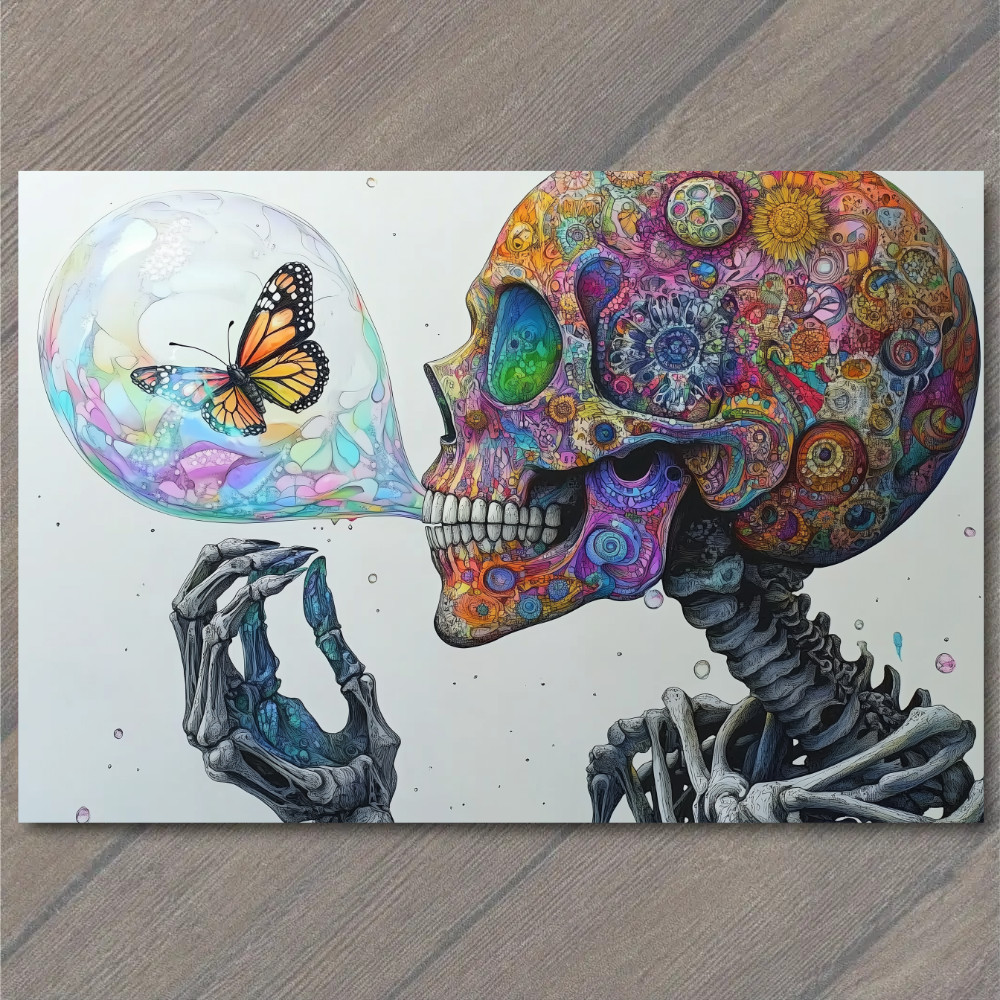 STICKER Psychedelic Skull Blowing Bubble Butterfly Colorful Skeleton Surreal