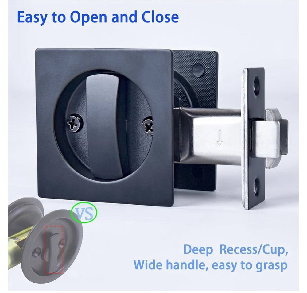 Dontay Modern Square Keyed Pocket Door Lock & Edge Pull Matte Black FAST SHIP