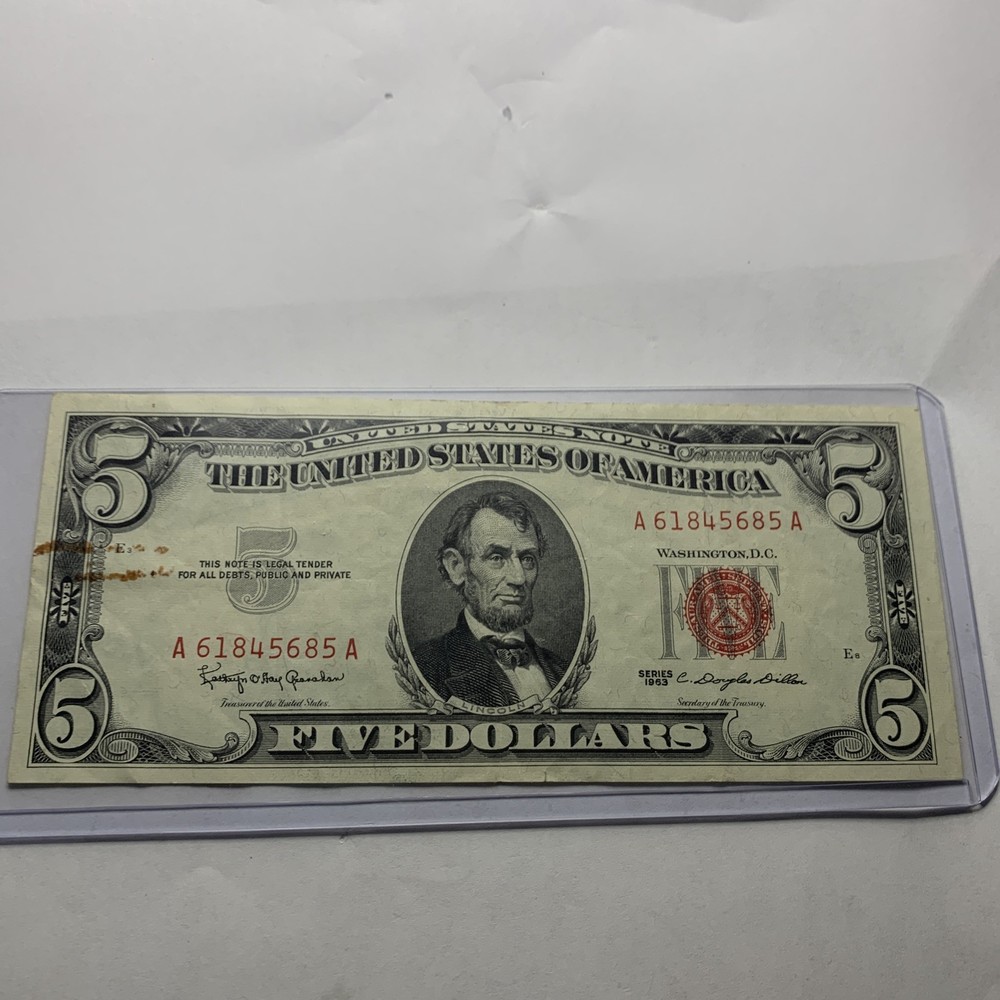 1963 $5 dollar red seal note A61845685a