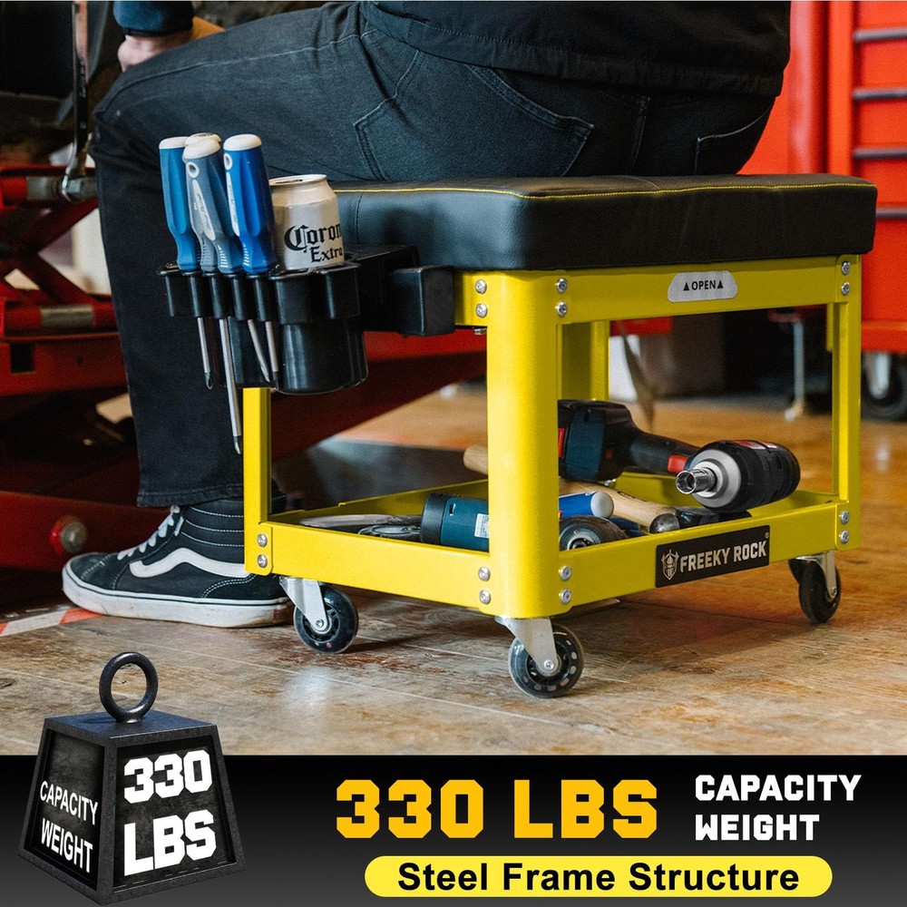 Rolling Mechanic Stool with Wheels, Garage Mechanics Stool with 2 Layer Repai...
