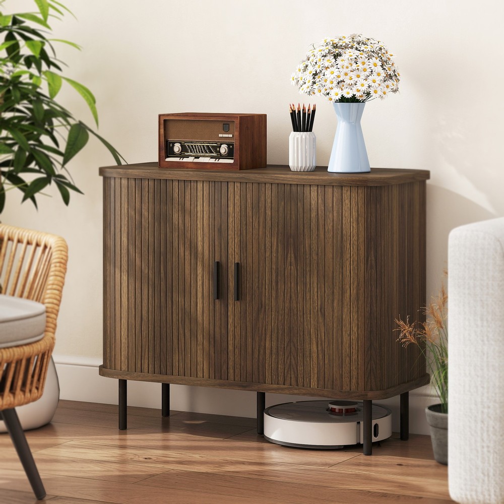 35.4" Sideboard Buffet Cabinet, Slatted Kitchen Cabinet, Walnut