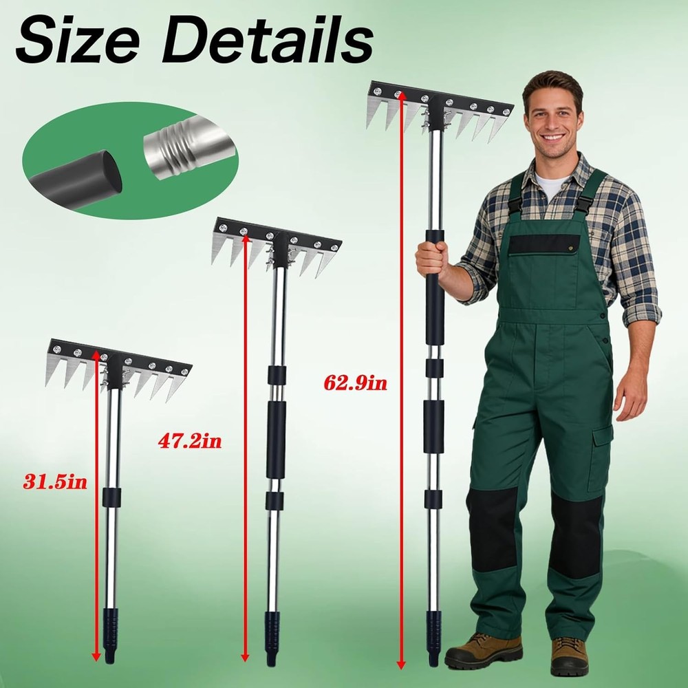 8 Tines Stainless Steel Weeding Tool Rake Adjustable Handle Garden Weed Puller